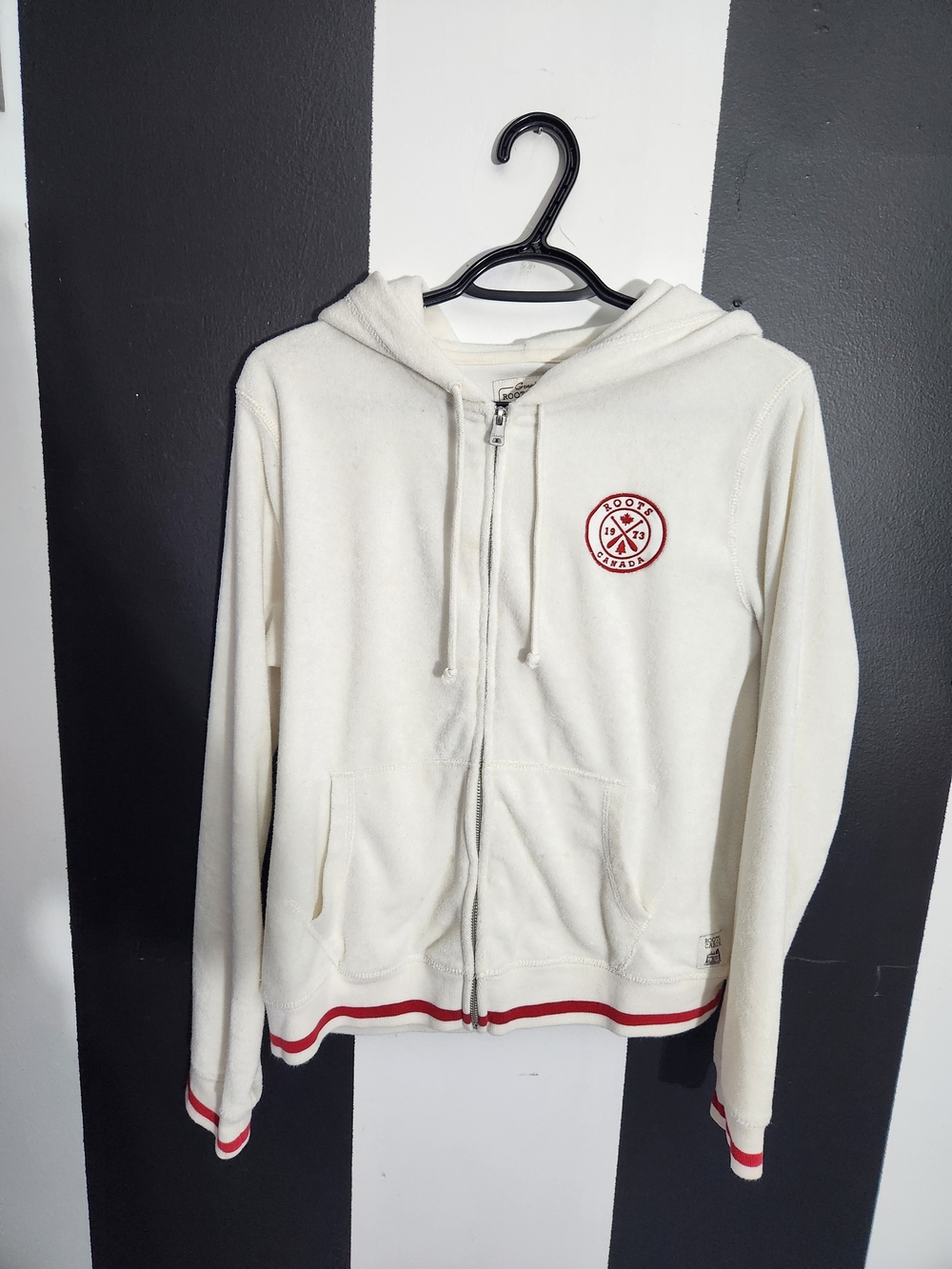 Roots Cream Zip-Up Hoodie with Red Trim